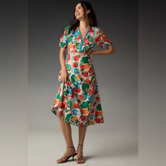 NWT Farm Rio x Anthropologie Short-Sleeve V-Neck Cutout Midi Dress - Picture 4 of 4